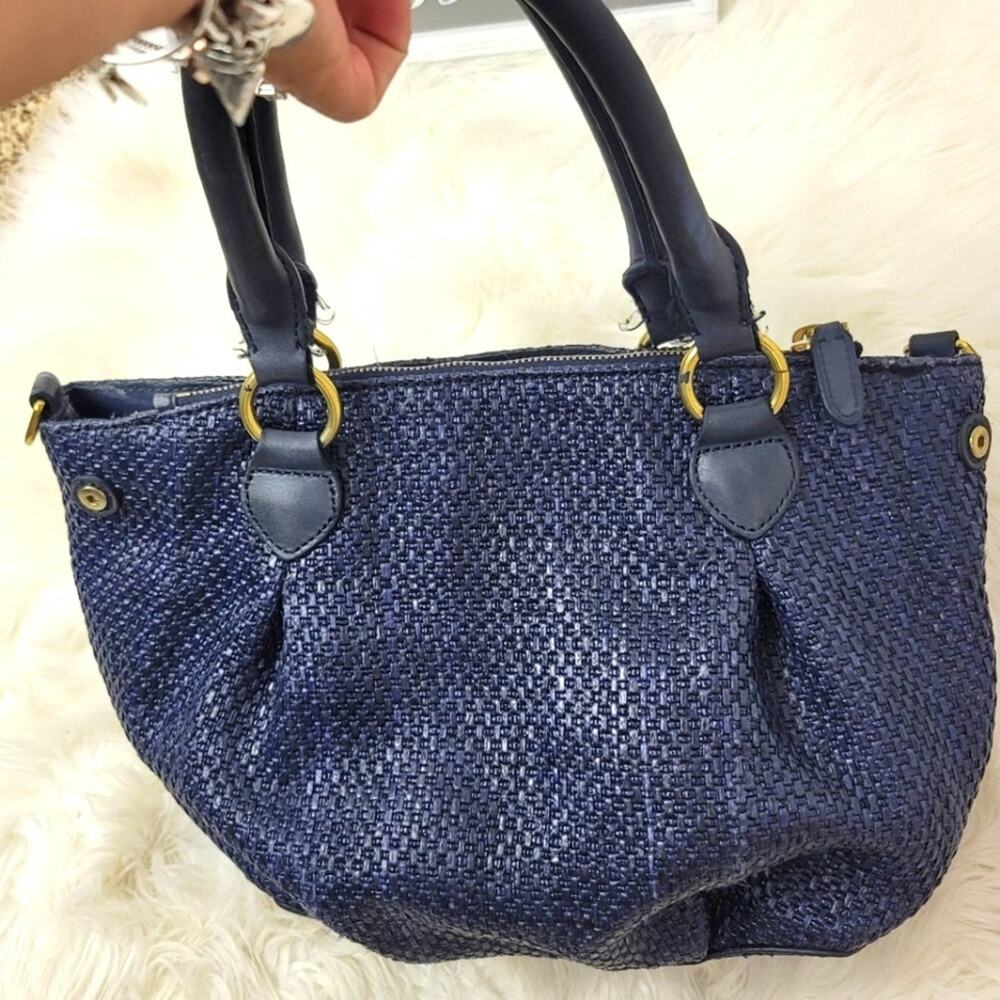 J. CREW Navy Blue Brompton Woven Straw Leather Trim Satchel Handbag Quiet Luxury - Picture 6 of 14